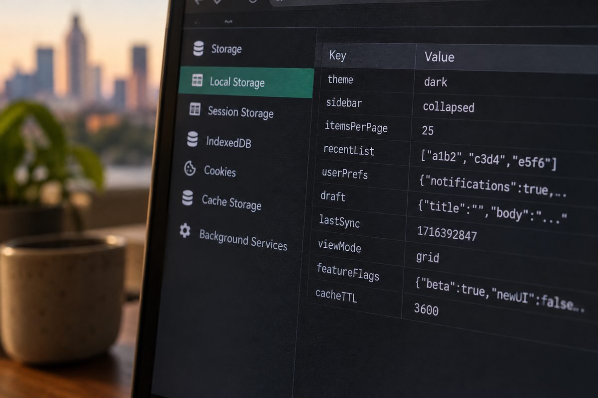 A browser storage inspection panel with key and value columns