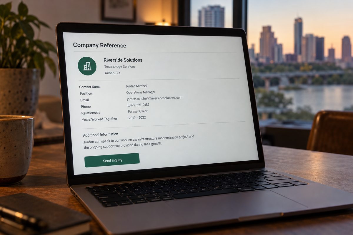 An illustrative company reference entry with an inquiry control
