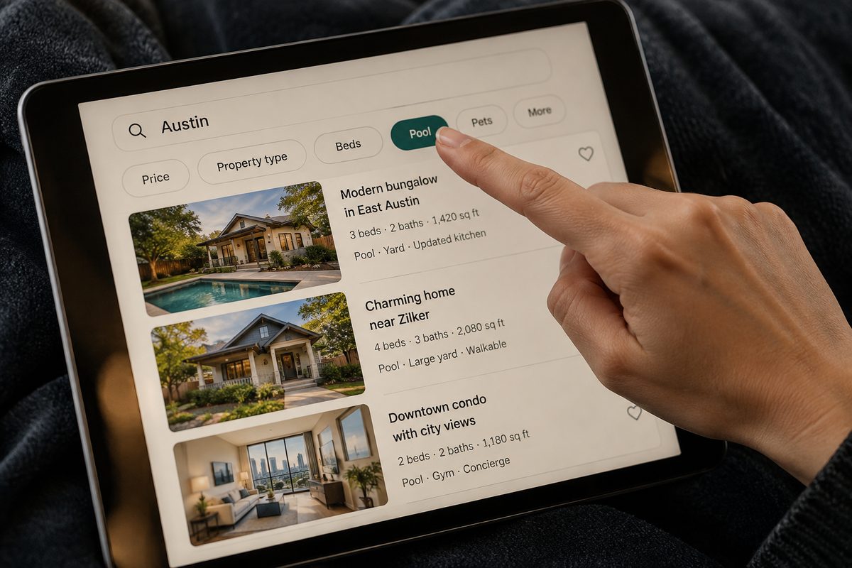 A fingertip selecting a filter in a tablet search interface