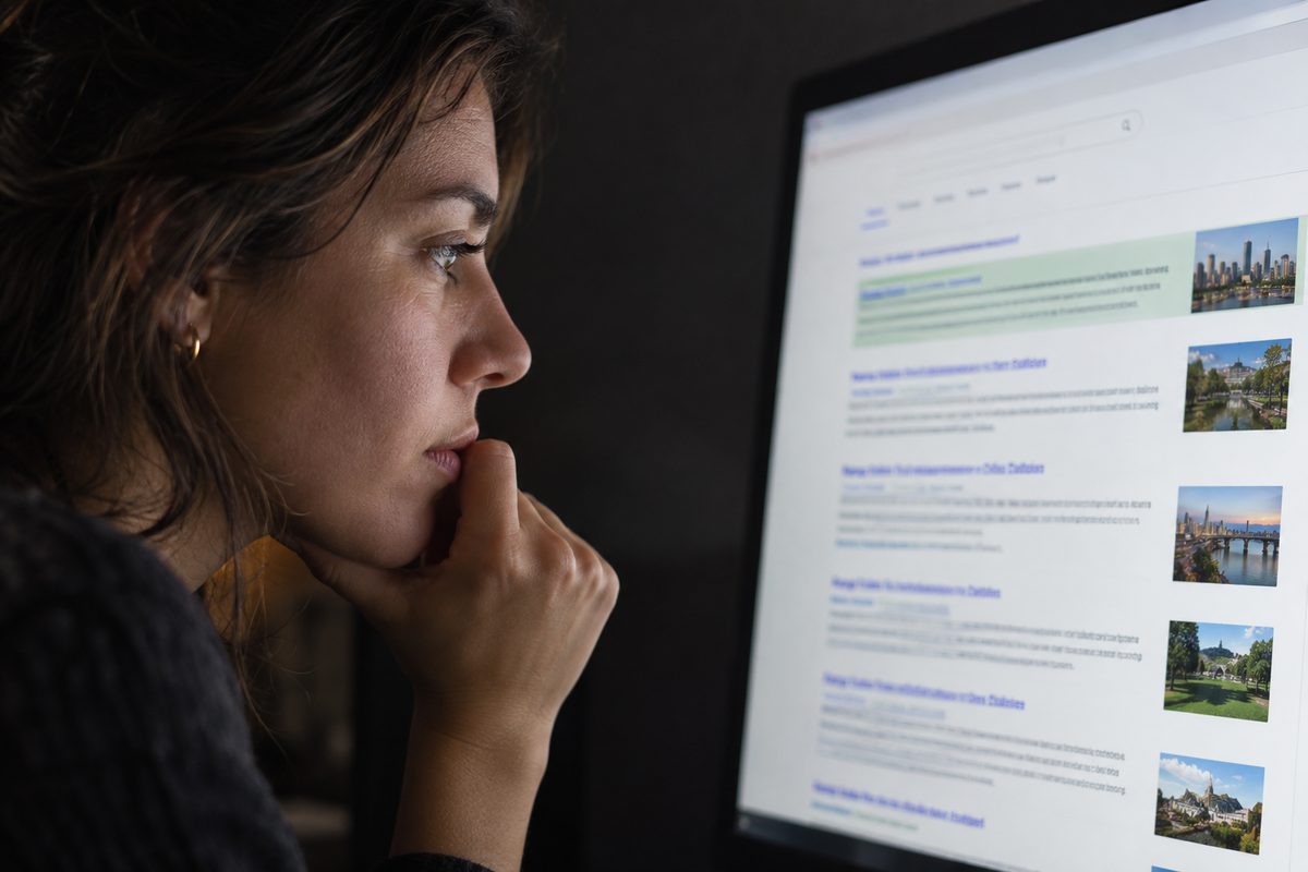 A person studying structured search results on a screen